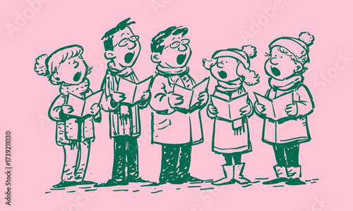 Pencil draw sketch of carolers singing Christmas songs together in scarves and coats.