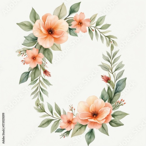Watercolor floral frame arrangement. Peach pink and green flowers foliage arranged in oval shape on white backdrop. Artistic design for invitations cards weddings. Gentle soft colors.
