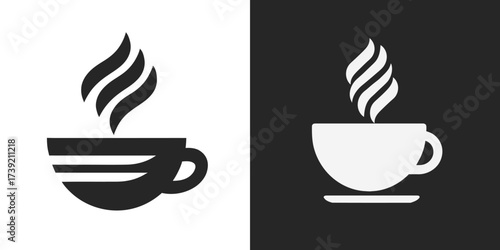 Two coffee cups are designed in black and white styles, each featuring elegant steam patterns rising. This creative display highlights the art of beverage presentation.