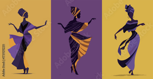 Three graceful figures dressed in bold, colorful outfits dance against contrasting backgrounds. Their poses convey rhythm and elegance, celebrating cultural heritage.