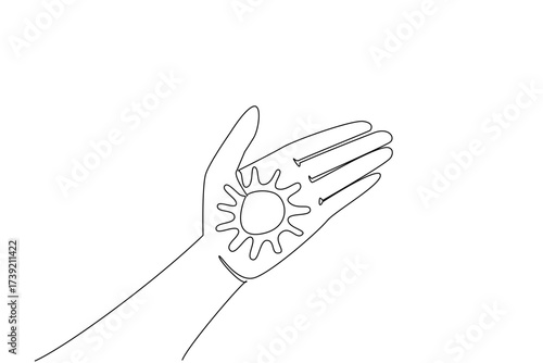 Single continuous line drawing sun shaped cream on the palm. Lotion that protects the skin. Best friends when summer comes. Care. Vacation. National Sunscreen Day. One line design vector illustration