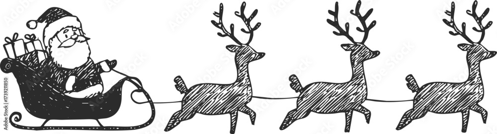 Fototapeta premium Hand drawn vintage sketchy Santa Claus riding sleigh pulled by reindeer in simple black line style.