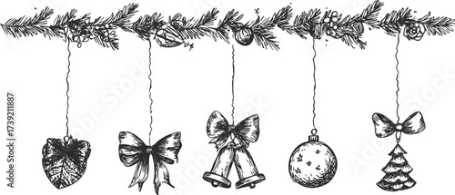 Hand drawn festive garland with bows, bells, ornaments, pine branches in vintage holiday sketch style.