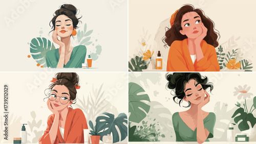Four women display different moods and styles while engaging in beauty routines at a vibrant space filled with plants and flowers. They showcase creativity and self-care.