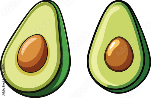 Two fresh halved avocados showing green flesh and brown seed a healthy food ingredient vector