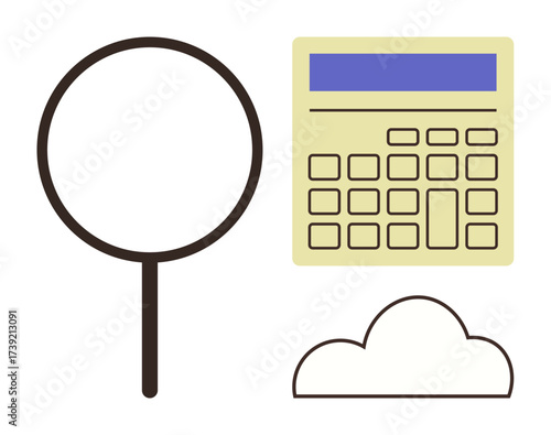 Magnifying glass, calculator, and cloud image for data analysis, calculations, storage, or research. Ideal for technology, finance cloud computing education business innovation concepts. Simple