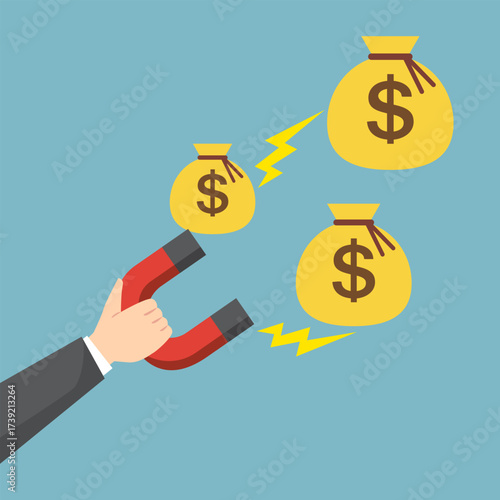 Businessman Hand Use Magnet Attracts Money Sack. Illustration, Cartoon, Vector.