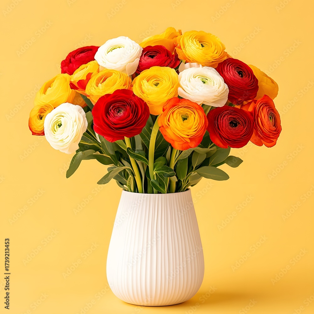 Fototapeta premium Vibrant Ranunculus Bouquet in White Vase Yellow Background