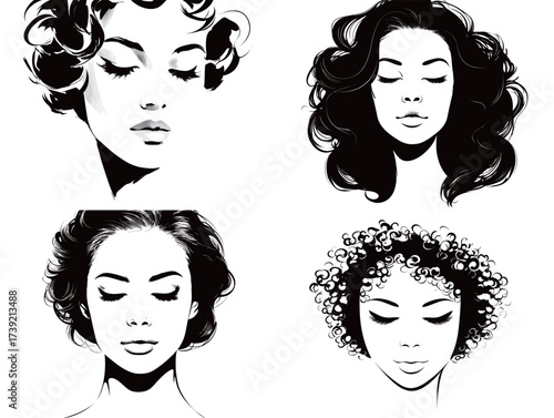 Artistic illustrations display diverse hairstyles, highlighting unique textures such as curls and waves.