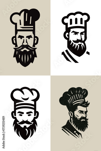 Four unique illustrations of chefs are displayed, emphasizing different styles and facial hair. Each chef wears a chefs hat and showcases a beard, highlighting artistry.