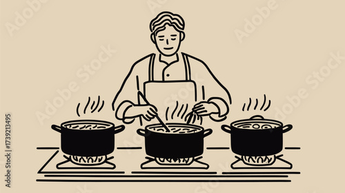 A chef stirs contents in three pots on the stove, working diligently in a bustling kitchen. The scene is lively and filled with the aroma of cooking food.