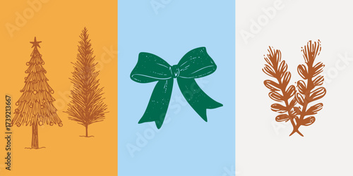 Set of hand drawn festive elements. Christmas trees, bow, pine branch in minimal vintage sketchy style.