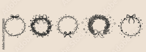 Vintage Christmas wreaths with bows and stars. Vector pencil draw sketchy style for holiday cards, festive decor, retro design projects.