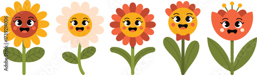 Cheerful Cartoon Flowers Smiling Merrily in a Row on White Background - Adorable Floral Characters for Children's Illustration, Springtime Designs, Education, Gardening Projects, Happy Decorations, We