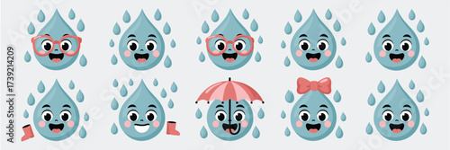 Cute Raindrops Pattern Illustration in Cartoon Style for Kids Education Material, Graphic Resources, Weather Forecast, Children's Books, Smiling Characters with Umbrellas, Glasses, and Boots, Smiling