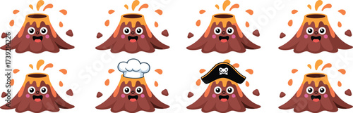 Cute Volcano Characters Erupting with Charm: A Playful Vector Illustration Featuring Cartoon Volcanoes Wearing a Chef's Hat and Pirate Hat, Perfect for Children's Education, Geology Resources, and Fun