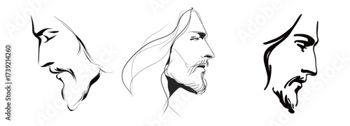 Three artistic sketches depict the side profiles of a man with long hair and a beard in a simple yet elegant design. Each profile showcases a different expression.