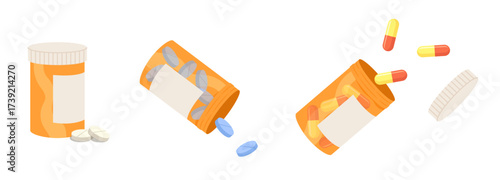 Set of medication bottles with tablet pills and capsule pills isolated on white background. Concept of health, hospital, medical cure, taking medicine, drug. Flat vector illustration