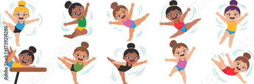 Diverse Young Gymnasts Performing Artistic Gymnastics Poses in Studio, Cartoon Style Illustration of Gymnastic Leotards, Children's Activity, Sports, Fitness, Cheerleading, Flexibility, Skill,  Balanc