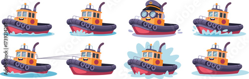Cartoon Tugboats Navigating Waters: Whimsical Transportation Vessels on the Move in Animated Scenery with Cheerful Expressions, Kids Adventure, Maritime Industry, Nautical, Watercraft, Vessels, Sea, C