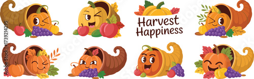 Festive Harvest Cornucopias Overflowing with Cute Pumpkins, Apples, and Grapes - Thanksgiving Illustration Set for Holiday Greetings, Seasonal Marketing, and Autumn Celebrations - Cartoon Style Graphi