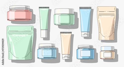 Cosmetic product set in pastel colors for skincare and beauty  