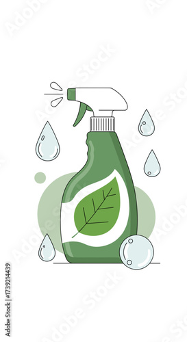 Eco-friendly cleaning spray bottle with green leaf design  