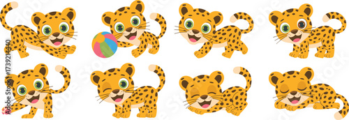 Cute Cartoon Leopard Cubs Playing, Resting, and Having Fun on White Background, Cheerful Animal Character for Children's Illustration, Education, Mascot,  Baby Shower Invitation, Party Decoration, Pla