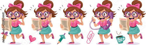 Busy Office Worker Running with Urgent Documents & Phone  Illustrations for  Productivity  Marketing Communications  Business Presentation. Cartoon Style Woman Wearing Glasses & Bow Graphics. Deadline