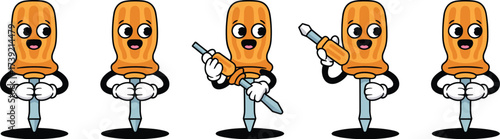Playful Screwdriver Cartoon Mascot Character Set in Construction Project, Holding Tools and Ready to Work, Animated Design for Building, Repair, Maintenance, or Handyman Services, Engineering, Constru
