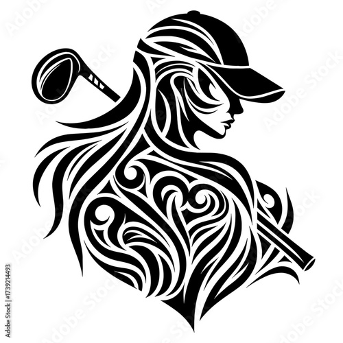 Female golfer silhouette with decorative elements and golf club  