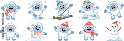 Cute Yeti Cartoon Characters Enjoying Winter Activities: Snowball Fight, Skiing, Playing in Snow - Whimsical Monsters for Children's Illustrations, Holiday Greetings, Educational Materials, and Fun Se
