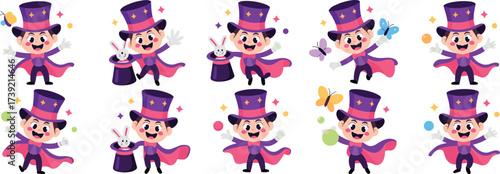 Cartoon Magician Performing Magic Tricks with Rabbits, Balls, and Butterflies in a Fantasy World for Children's Entertainment and Education, Representing Imagination, Creativity, and Wonder in Bright,