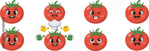 Cartoon Tomato Character Set Growing in a Garden, Displaying Funny Expressions, Embodying Freshness, and Used for Educational Material, Nutritional Guides, Grocery Advertising, and Childrens Books, Ch