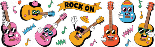 Groovy Cartoon Guitars Rocking On with Funky Musical Notes and Ribbon Banner in Retro Style - Perfect for Music Education, Band Promotion, Concert Flyers, Youth Culture, Festivals, Colorful Graphics,