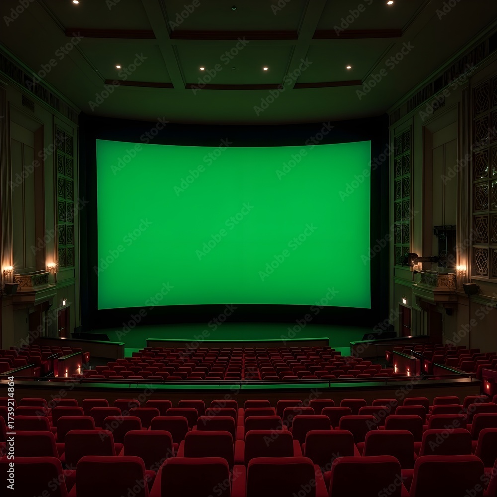 Fototapeta premium Empty Cinema Auditorium with Vast Green Screen for Custom Content Projection and Immersive Experience