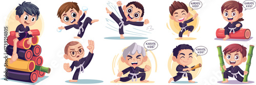 Enthusiastic Karate Kids Training Poses in Dojo, Martial Arts Practice, Self-Defense Techniques, Cartoon Style Illustration for Children's Education, Sports Promotion, Active Lifestyle, Wellbeing, Phy