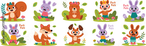Cheerful Cartoon Animals Playing in a Sunny Park, Joyful Wildlife Characters Having Fun in Nature, Illustration for Children's Education, Colorful Woodland Friends, Playful Animal Mascot Design Elemen