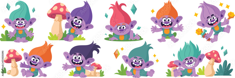Naklejka premium Playful Cartoon Trolls Having Fun in a Magical Forest with Mushrooms, Sparkling Gems and Stars, Ideal for Children's Illustrations, Fantasy Storybooks, Educational Games, Animated Movies, Cheerful Des
