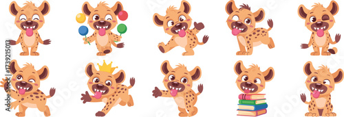 Cute Spotted Hyena Characters Set in Playful Poses for Children's Illustration, Mascot Design, Educational Material, Kids Storybooks, Animal Clipart, Cartoon Style, Playful Graphics, Happy Expressions