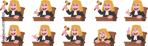 Cartoon Judge Gavel Law Collection: Diverse Jurist Characters Delivering Verdicts in Courtroom Setting, Representing Justice, Legal Decisions, and Judicial Authority for Children's Books and Education