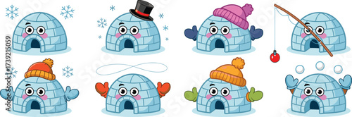 Cute Igloo Characters Performing Winter Activities in Snowy Landscape, Cartoon Arctic Home Domes, Ice House Mascot Set for Educational Children's Books and Creative  Advertising Projects,  Animated We