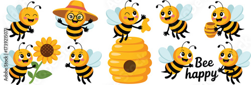 Cute Honey Bees Collection Delivering Sweetness in Cartoon Style: Cheerful Insects Flying Around, Holding Honeycomb & Barrel, Standing by Sunflower, Happy Message, Adorable Vector Design for Kids, Spr
