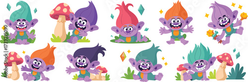Playful Cartoon Trolls Having Fun in a Magical Forest with Mushrooms, Sparkling Gems and Stars, Ideal for Children's Illustrations, Fantasy Storybooks, Educational Games, Animated Movies, Cheerful Des