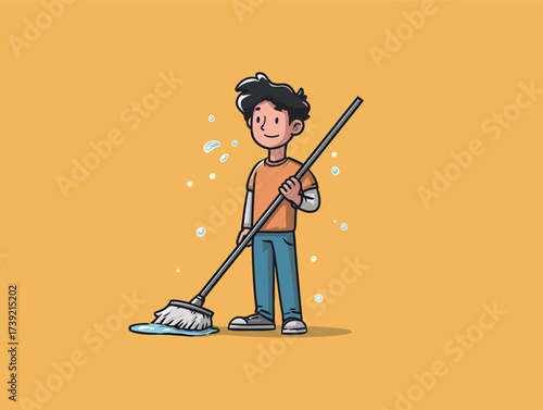 A cheerful boy stands holding a mop, ready to clean. Bubbles float around him, creating a fun and lively atmosphere. The bright background enhances the cleaning spirit.
