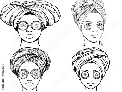 Four women relax at a spa, each wearing eye masks made of cucumber slices. They have various stylish head wraps and appear serene, enjoying their time together.
