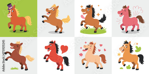 Cute Cartoon Horses Collection Posing Merrily on Various Backgrounds, Playful Animals for Children's Illustration, Fun Equine Characters, Whimsical Design Elements, Equestrian Mascot,  Joyful Animated