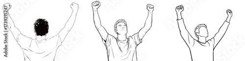 Three individuals stand with raised fists, expressing joy and celebration. They bask in a moment of achievement and unity, radiating positivity and excitement.