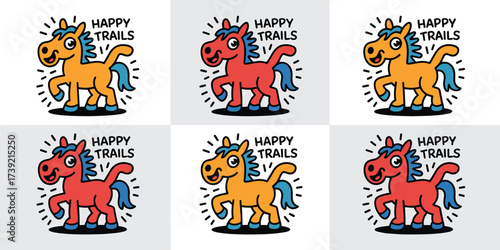 Cartoon Horse Trotting Happily Across a Playful Landscape, Ideal for Children's Books and Educational Materials, Mascot Character with  Joyful Expression, Animated Style, Vibrant Colors, Kids Branding