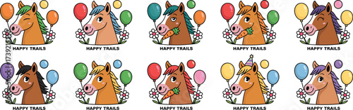 Cheerful Horse Head Illustrations with Balloons and Flowers: Happy Trails Cartoon Style Graphics for Children's Designs, Animal Themed Party Invitations, Educational Materials, Playful Stickers, and F